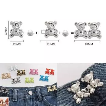 2 шт. Регулируемая застежка-молния на талии в форме медведя для джинсов, булавка для джинсов серебряный