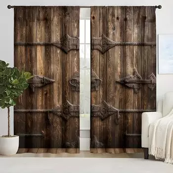 2 шт. ретро имитация деревянной двери полиэстер напечатанная штора люверс верхняя оконная обработка для спальни офиса кухни гостиной 2x50W100H(CM)&Grommet Top