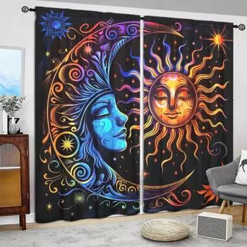 2 шт. Ретро-шторы с принтом «Солнце и Луна» для домашнего декора — оконные карманы с карнизом для спальни, офиса, кухни, гостиной 52.5cmX116cm X 2pcs