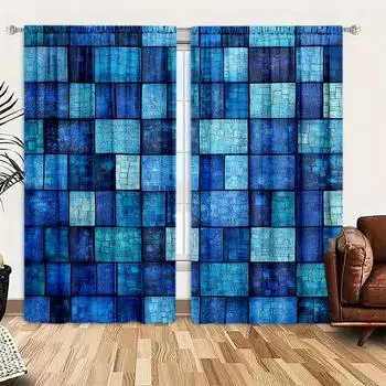 2 шт. Ретро-синяя мозаичная плитка с принтом штор для домашнего декора - Карманная оконная отделка для спальни, офиса, кухни 52.5cmX116cm X 2pcs