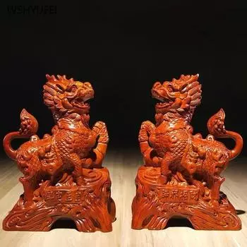 2 шт., резные фигурки из цельного дерева, имитация кирина, украшения для офиса, ремесла, скульптура на новоселье, привлекающая богатство, фэн-шуй, домашний декор H 14CM