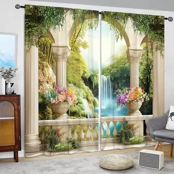 2 шт. Римская колонна с пейзажем, напечатанная на шторах для домашнего декора - Карманная оконная отделка для спальни, офиса, кухни 52.5cmX116cm X 2pcs