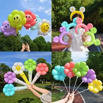 2 шт. Ромашка, улыбающееся лицо, повязка на голову, ручной воздушный шар, украшение на детский день рождения, макарон, цветной алюминиевый фольгированный шар, реквизит для фотосъемки K