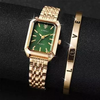 2 ШТ. Роскошные женские часы с золотым стальным безелем, женские кварцевые часы, набор браслетов с открытой манжетой