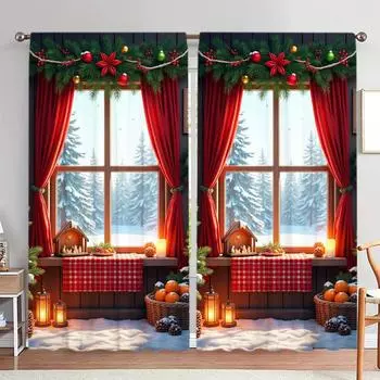 2 шт. Рождественская атмосфера, напечатанная штора для рождественского домашнего декора - Карманная оконная отделка для спальни, офиса, кухни 52.5cmX116cm X 2pcs