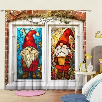 2 шт. Рождественская цветная стеклянная занавеска с принтом гнома для рождественского домашнего декора - карманная штора на карнизе для спальни, офиса 52.5cmX116cm X 2pcs