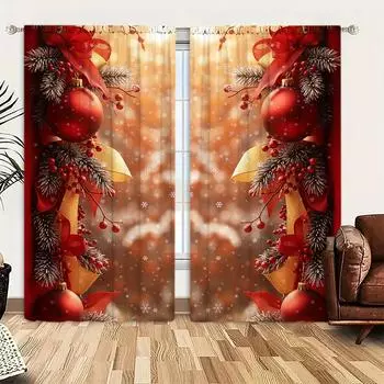 2 шт. Рождественская елка Лампа Шар Печатный занавес для рождественского домашнего декора - Карманный карниз для оконного оформления спальни, офиса, кухни 52.5cmX116cm X 2pcs