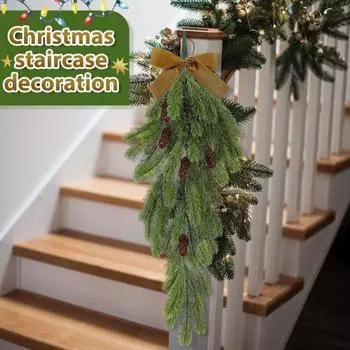 2 шт. Рождественская гирлянда в виде капли, искусственные сосновые иголки, гирлянда с шишками и бантом, искусственная подвесная гирлянда из зелени для домашнего декора зелёный