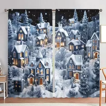 2 шт. Рождественская ночная сцена из ледяной и снежной деревни с принтом штор для домашнего декора - Карманная оконная отделка для спальни 52.5cmX116cm X 2pcs