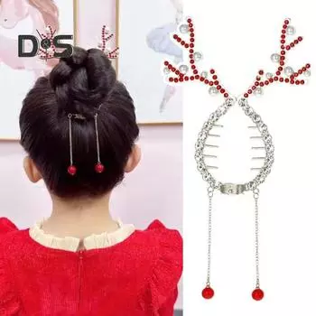 2 шт. Рождественская заколка для волос в виде оленя, искусственный жемчуг, блестящие стразы, заколка для волос с длинной кисточкой, держатель для пучка в виде конского хвоста, праздничные аксессуары для волос 2pcs белый