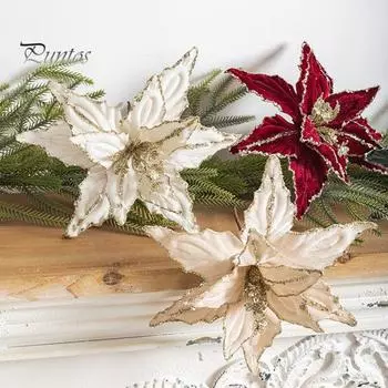 2 шт. рождественские бархатные цветы блестящие искусственные цветы с регулируемыми лепестками праздничные декоративные цветы для рождественского венка на елку праздничное украшение своими руками белый