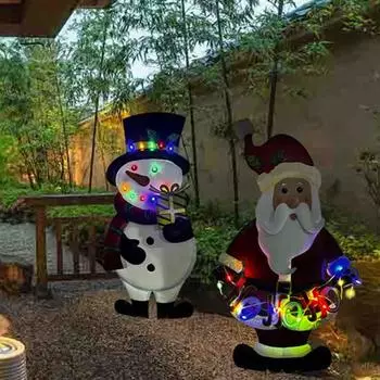 2 шт. Рождественские дворовые знаки, металлические Санта-Клаус, снеговик, декор для двора с колышками, рождественские украшения со светодиодными лампами для наружного газона и сада 2pcs