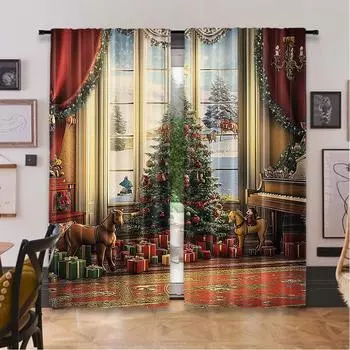 2 шт. Рождественские кухонные занавески в винтажном стиле с большим старомодным окном, рождественская елка, различные подарки, подходящие для гостиной 29x65in(75x166cm)