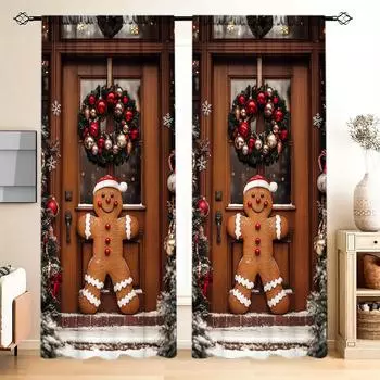 2 шт. Рождественские занавески с изображением пряничного человечка для рождественского домашнего декора - оконные карманы с карнизом для спальни, офиса, кухни 52.5cmX116cm X 2pcs