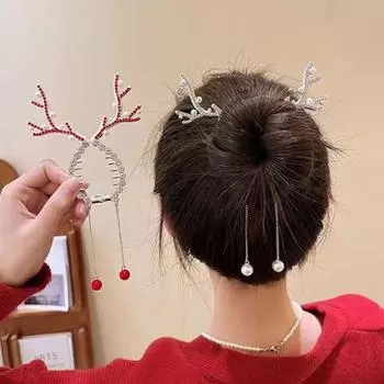 2 шт. Рождественский держатель для хвоста с оленями, блестящие заколки-бананы с оленями, стразы, жемчуг, заколки-краб, рождественские аксессуары для волос для женщин и девочек Red&White