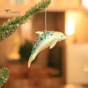 2 шт. Рождественский синий дельфин украшения блестящее стекло глянцевый многоразовый праздничный декор рождественская елка висит 3D животное орнамент кулон праздничные атрибуты подарок 2pcs небесно-голубой