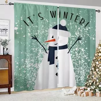 2 шт. Рождественский снеговик, рождественская елка, мультяшный принт, шторы для ресторана, спальни, новогодние украшения, шторы, детские подарки W50xH130(CM)x2PCS&Grommet Top