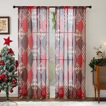 2 шт. Рождественское украшение в виде ромбовидной сетки и красных фруктов, полупрозрачные шторы и экраны для окон, подходят для гостиной, 132x160cm&Fixed Pleat
