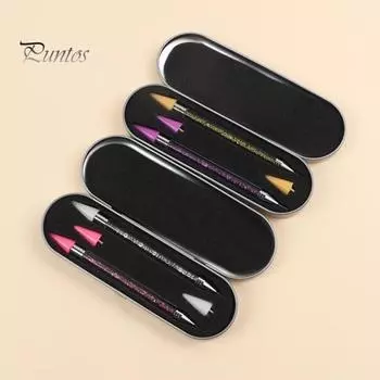 2 шт., ручка для нанесения страз для дизайна ногтей, двухголовая восковая ручка для самостоятельного создания искусственных алмазов с металлической коробкой, акриловая ручка из нержавеющей стали зелёный/чёрный