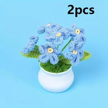 2 шт. Ручная работа Вязаные крючком Тканевые Цветы Маргаритки Белые и Розовые Горшки, Искусственные Растения для Домашнего Декора, Вязаные Крючком Цветы, Подарок для Особых Случаев 2 pcs синий
