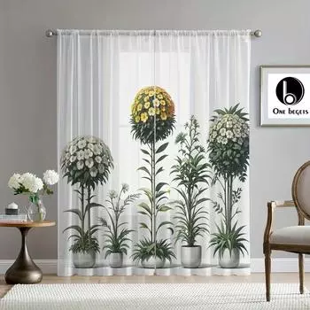 2 шт. Садовый стиль, мультяшные цветы, горшечные растения, прозрачные шторы, устойчивые к ультрафиолетовому излучению, полиэстеровые декоративные оконные панели для окна гостиной 100W130H(CM)40x51in&rod pocket