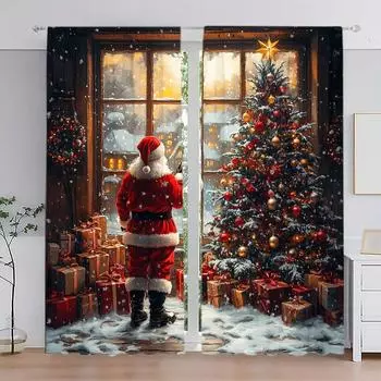 2 шт. Санта-Клаус, напечатанная масляная картина, занавеска для домашнего декора - карман для окон с карнизом для спальни, офиса, кухни 52.5cmX116cm X 2pcs