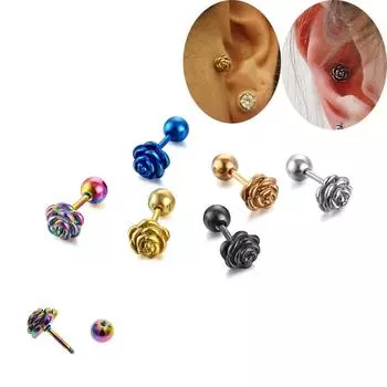 2 шт., серьги-гвоздики из нержавеющей стали с цветами для женщин, маленькие серьги-гвоздики золотого, серебряного цвета, спиральные шпильки для козелка, ювелирные изделия для пирсинга хряща