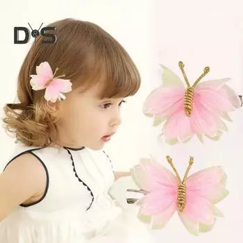 2 шт. сетчатые заколки-бабочки, универсальные детские аксессуары для волос ручной работы для различных причесок розовый