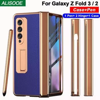 2 шт. шарнир с ручкой для Samsung Galaxy Z Fold 3 2 5g чехол с гнездом для сенсорной ручки передний экран стеклянная подставка-держатель кожаный чехол For Galaxy Z Fold 3 зелёный
