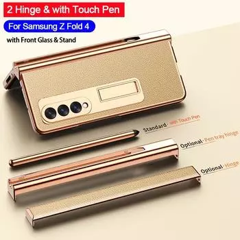 2 шт. шарнирный чехол для Samsung Z Fold 4 5g, покрытие корпуса, слот для сенсорной ручки, стеклянная подставка для переднего экрана, чехол для Galaxy Z Fold 4 Fold4 For Galaxy Z Fold 4 чёрный