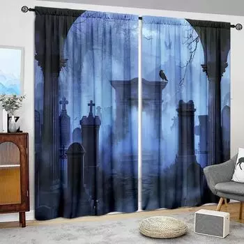 2 шт. штор с принтом кладбища на Хэллоуин для жуткого домашнего декора в гостиной, спальне, кухне или ванной комнате 52.5cmX116cm X 2pcs
