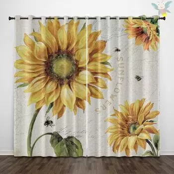 2 шт. штор с принтом в виде подсолнухов, декорированных в стиле ретро-сельской местности для спальни и гостиной. 140x160cm&Grommet Top