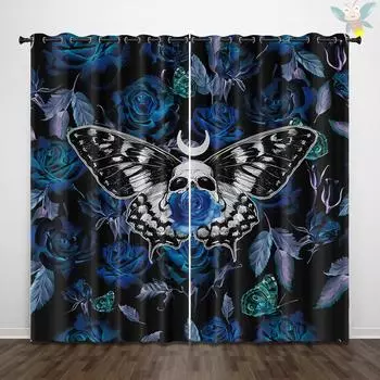 2 шт. штор в готическом стиле с рисунком черепа и мотылька, синей розы, для украшения спальни и гостиной 140x160cm&Grommet Top