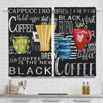 2 шт. Шторы для кафе, ярусы, винтажная черная кухня, кофейный принт, кухонные шторы, полузатемняющие оконные покрытия для кухонных окон 100W130H(CM)40x51in&rod pocket