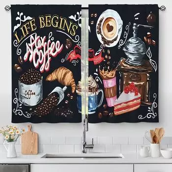 2 шт. Шторы для кафе, ярусы, винтажная черная кухня, кофейный принт, кухонные шторы, полузатемняющие оконные покрытия для спальни, гостиной 100W130H(CM)40x51in&Grommet Top