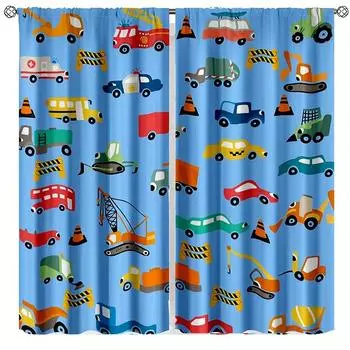 2 шт. Шторы для мальчиков, строительные, трактор, грузовик для декора спальни, бульдозер, экскаватор, художественная печать, игровая комната, гостиная, оконная драпировка 150x166cm