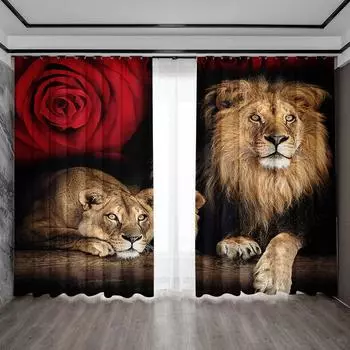 2 шт. Шторы для украшения дома, фон с изображением льва и тигра, с карманами на карнизе, кухня, кофейня, гостиная, балкон 75x166cm&Without mount