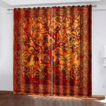 2 шт. шторы на окна в стиле бохо-хиппи с изображением дерева жизни для спальни, гостиной, комнаты в общежитии - мягкий и стильный домашний декор W50H130(CM)x2pcs&HOOK