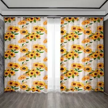 2 шт. Шторы с цветочным принтом «Подсолнух», для спальни, гостиной, кухни, полузатемняющие декоративные шторы с карманами, домашний декор W50xH140(CM)x2PCS&Rod pocket