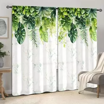 2 шт. Шторы с листьями растений в скандинавском стиле - светофильтрующее оконное покрытие для декора кухни, гостиной, офиса и спальни W50 X H130(CM)X2&Hook