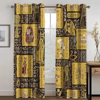 2 шт. Шторы с принтом древнеегипетского фараона, роскошные золотые шторы для спальни, гостиной, окна, жалюзи от пола до потолка 2x50W100H(CM)&Grommet Top