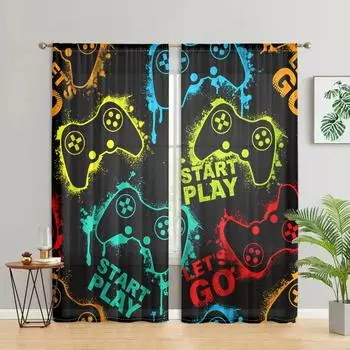 2 шт., шторы с принтом игрового контроллера - полупрозрачные - подходят для гостиной, спальни, кухни, для украшения дома W150CM H166CM&Rod pocket