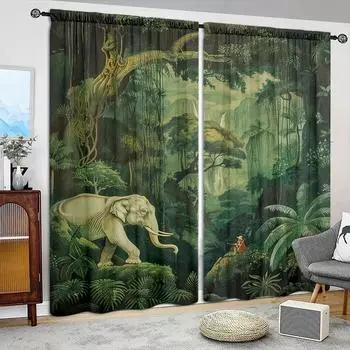 2 шт. Шторы с принтом «Исследование джунглей» для домашнего декора — оконные карманы с карнизом для спальни, офиса, кухни, гостиной 52.5cmX116cmX2pcs