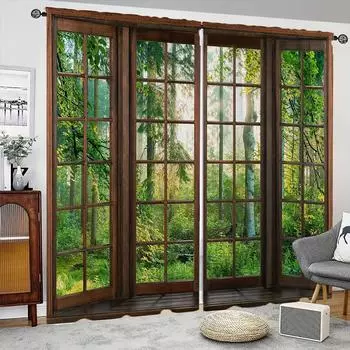 2 шт. Шторы с принтом «Лесной пейзаж», декоративные шторы на карнизах, оконные украшения для спальни, гостиной, домашний декор W65X60H(cm)X2Pcs&Hook