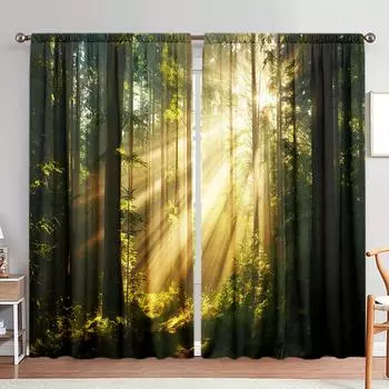 2 шт. Шторы с принтом «Солнечный свет сияет в лесу» для домашнего декора — оконные карманы с карнизом для спальни, офиса, кухни 52.5cmX116cm X 2pcs