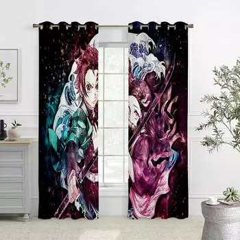 2 шт. Шторы с принтом в японском стиле аниме, детская комната, спальня, гостиная, декоративные шторы с карманами на штанге W50xH140(CM)x2PCS&Grommet Top
