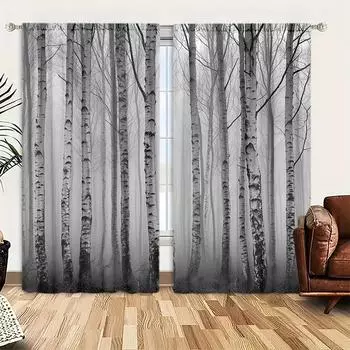 2 шт. Шторы с рисунком серебристой березы для домашнего декора - Карманные шторы для окон в спальню, офис, кухню, гостиную 52.5cmX116cm X 2pcs