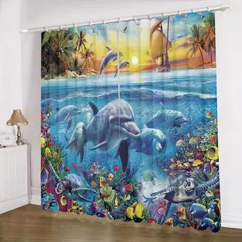 2 шт. Шторы с узором «Дельфин», декоративные шторы на окна, украшения для спальни, гостиной, домашнего декора, украшения комнаты 100W130H(CM)40x51in&rod pocket