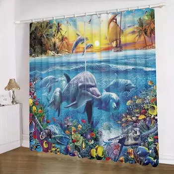 2 шт. Шторы с узором «Дельфин», декоративные шторы на окна, украшения для спальни, гостиной, домашнего декора, украшения комнаты 100W130H(CM)40x51in&rod pocket