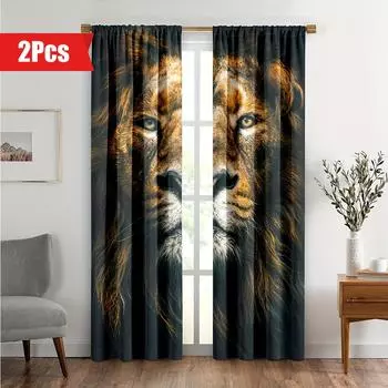 2 шт. Шторы со львами, африканские дикие животные, оконные шторы, луга, король джунглей, оконные шторы с изображением деревьев для спальни, гостиной W65X60H(cm)X2Pcs&Hook
